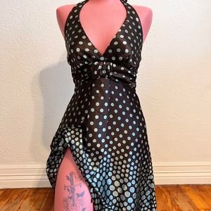 Vintage Y2K Fairy Grunge Pinup Satin Brown & Blue Polka Dot Halter Dress